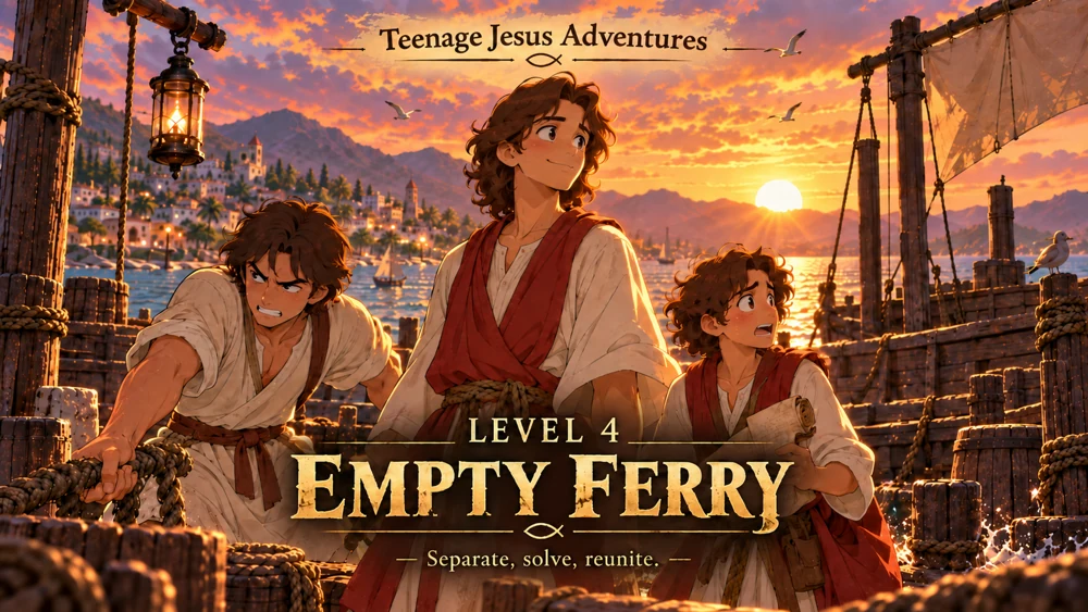 Empty Ferry chapter illustration: companions beside a river crossing with ropes and a wooden ferry