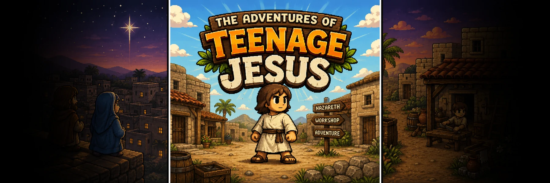Teenage Jesus title artwork, between two scenes of Nazareth